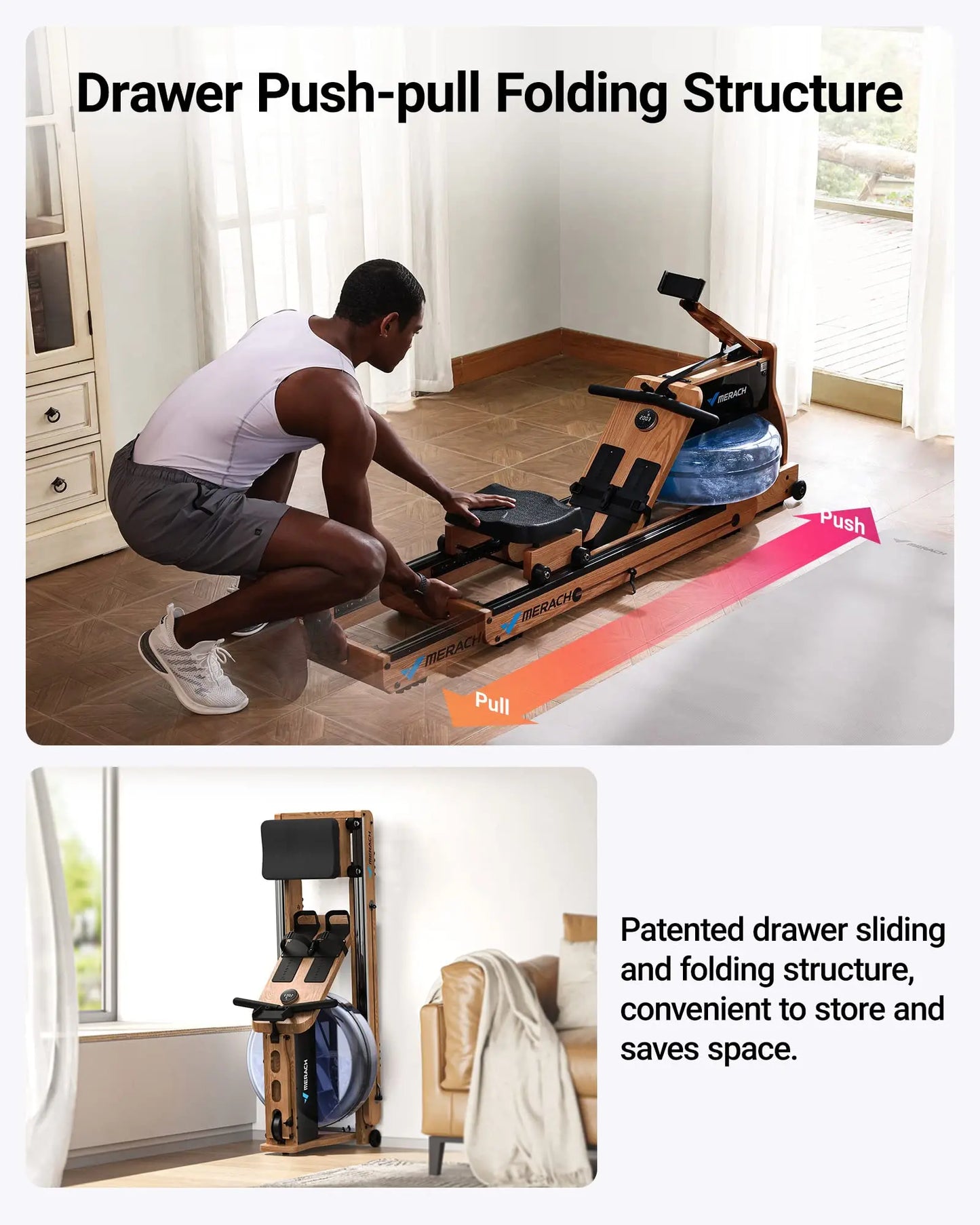 MERACH Foldable Wooden Rowing Machine With Go Technology