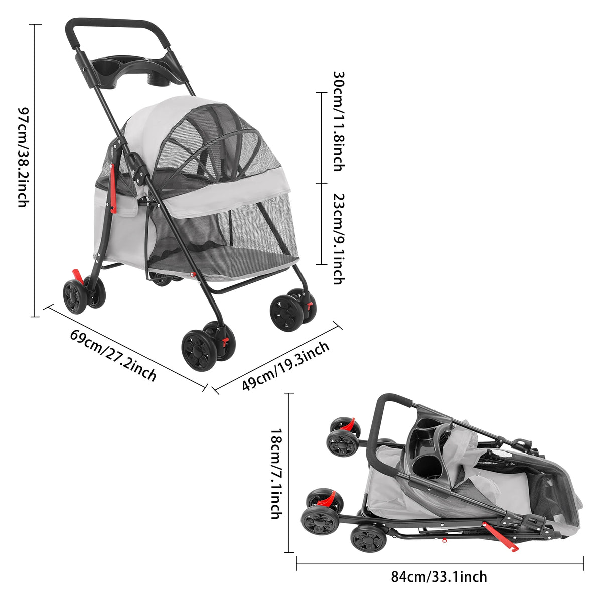 Bymaocar Foldable Pet Stroller Travel Cart For Dogs And Cats