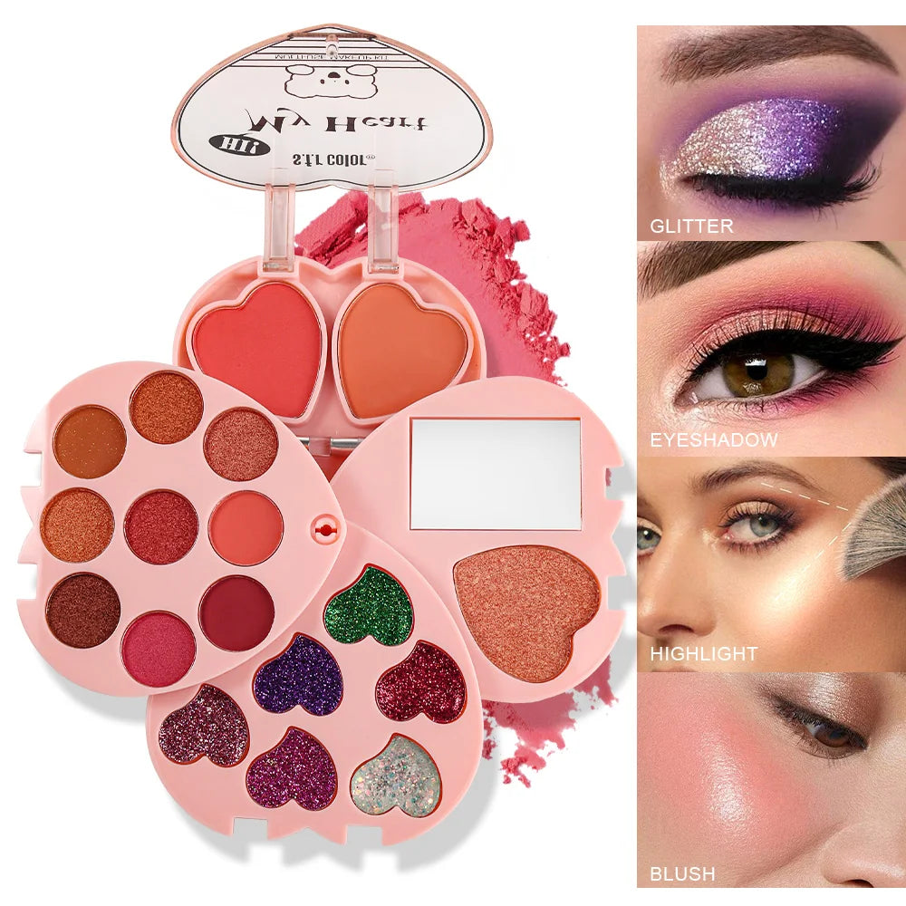 Heart Shaped Makeup Palette With Eyeshadow Blush And Highlighter