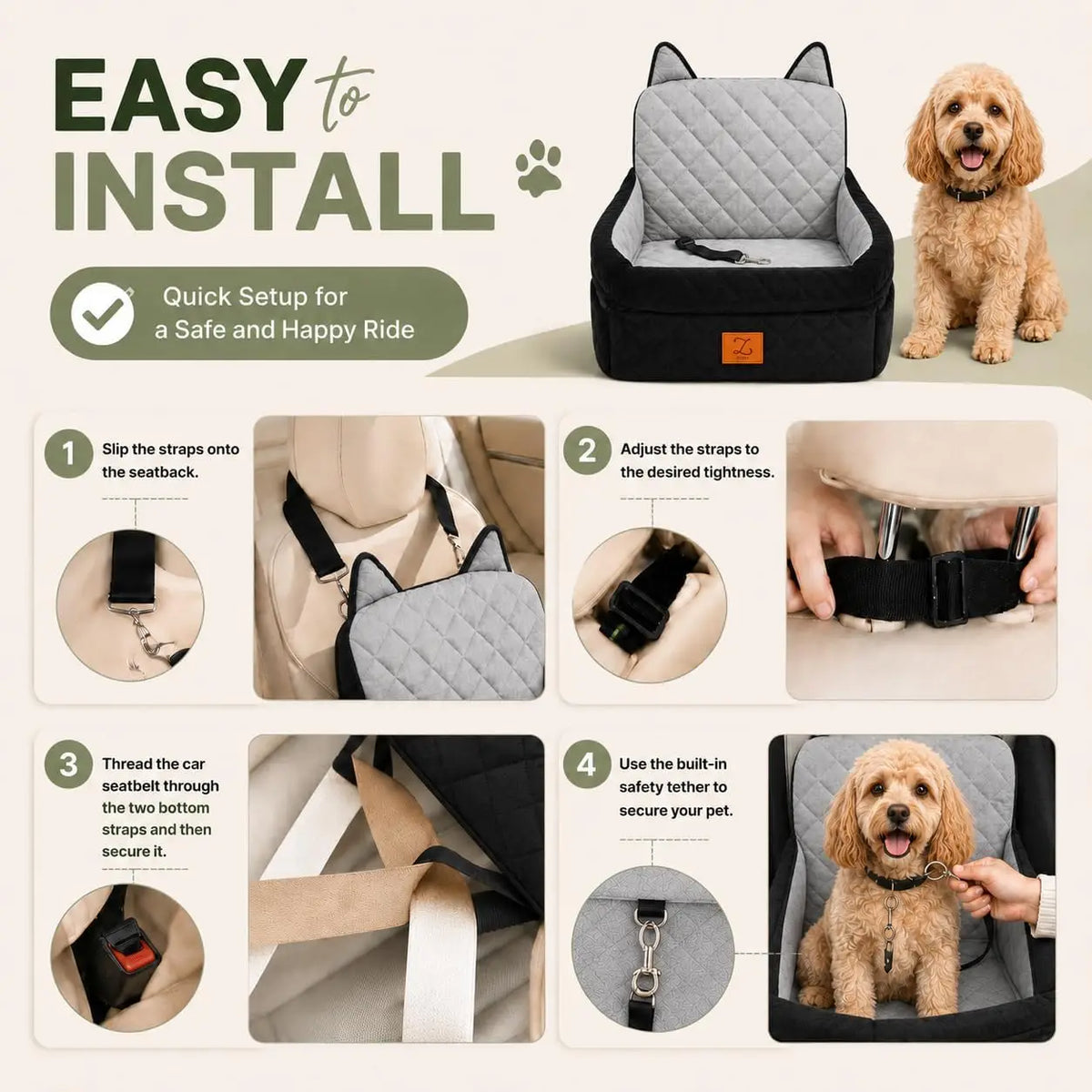 Dog Car Seat Booster With Safety Belt And Washable Cover