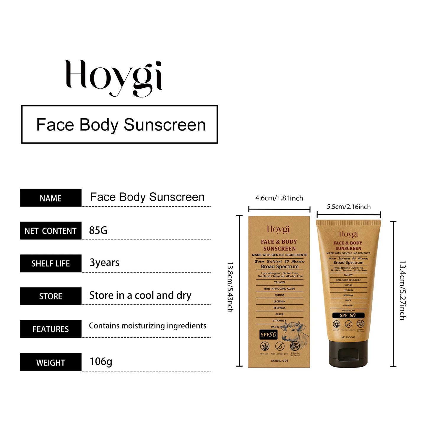 Hoygi SPF50 Beef Tallow Sunscreen Cream for Body and Face