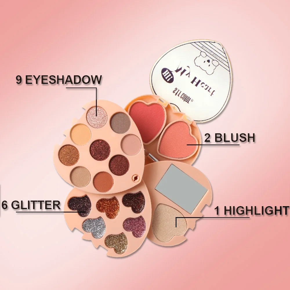 Heart Shaped Makeup Palette With Eyeshadow Blush And Highlighter