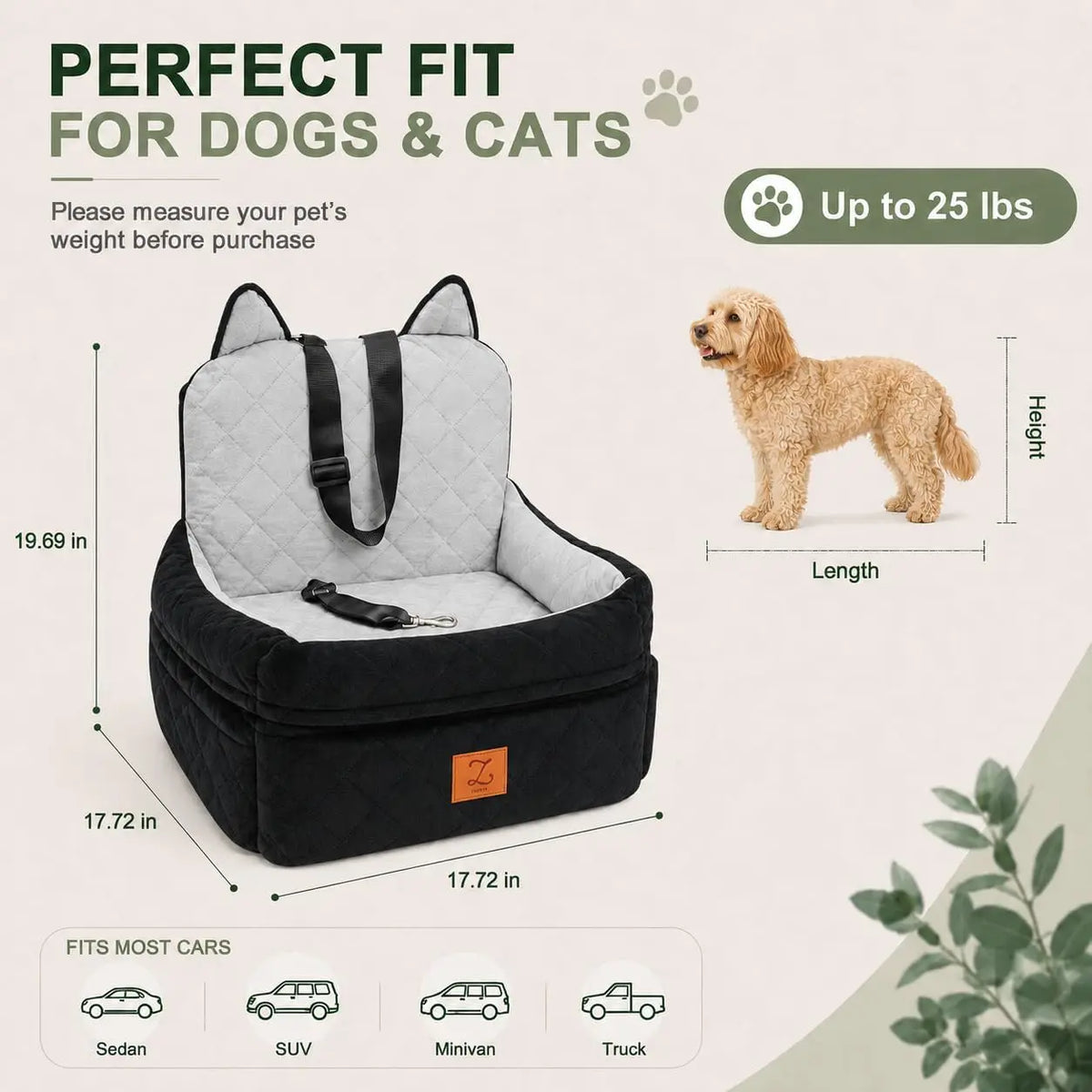 Dog Car Seat Booster With Safety Belt And Washable Cover