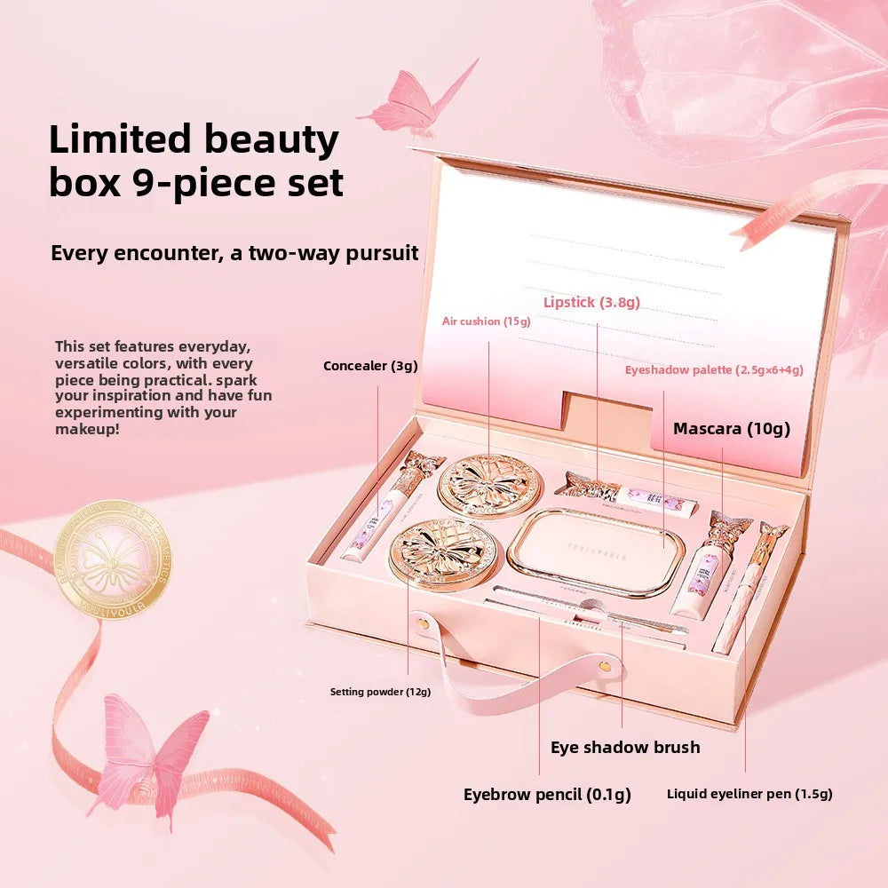9Pcs Makeup Gift Set, Including Concealer, Air Cushion BB Cream, Lipstick, Eyeshadow Palette, Setting Powder, Eyeshadow Brushes, Mascara, Eyebrow Pencil & Eyeliner Liquid, Perfect Valentine's Day & Birthday Gift for Mom and F