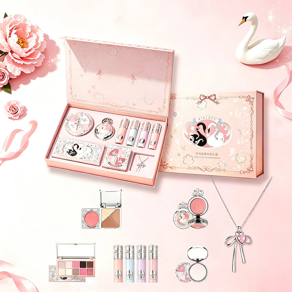 Swan Ballet 9‑Piece Makeup Gift Set for Women & Beginner Students, All‑in‑One Cosmetic Kit: Eyeshadow, Pressed Powder, Lipstick, Blush. Perfect Gift for Birthday, Valentine’s Day, Halloween, Exquisite Party Present