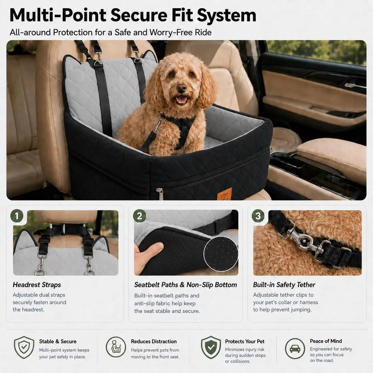 Dog Car Seat Booster With Safety Belt And Washable Cover