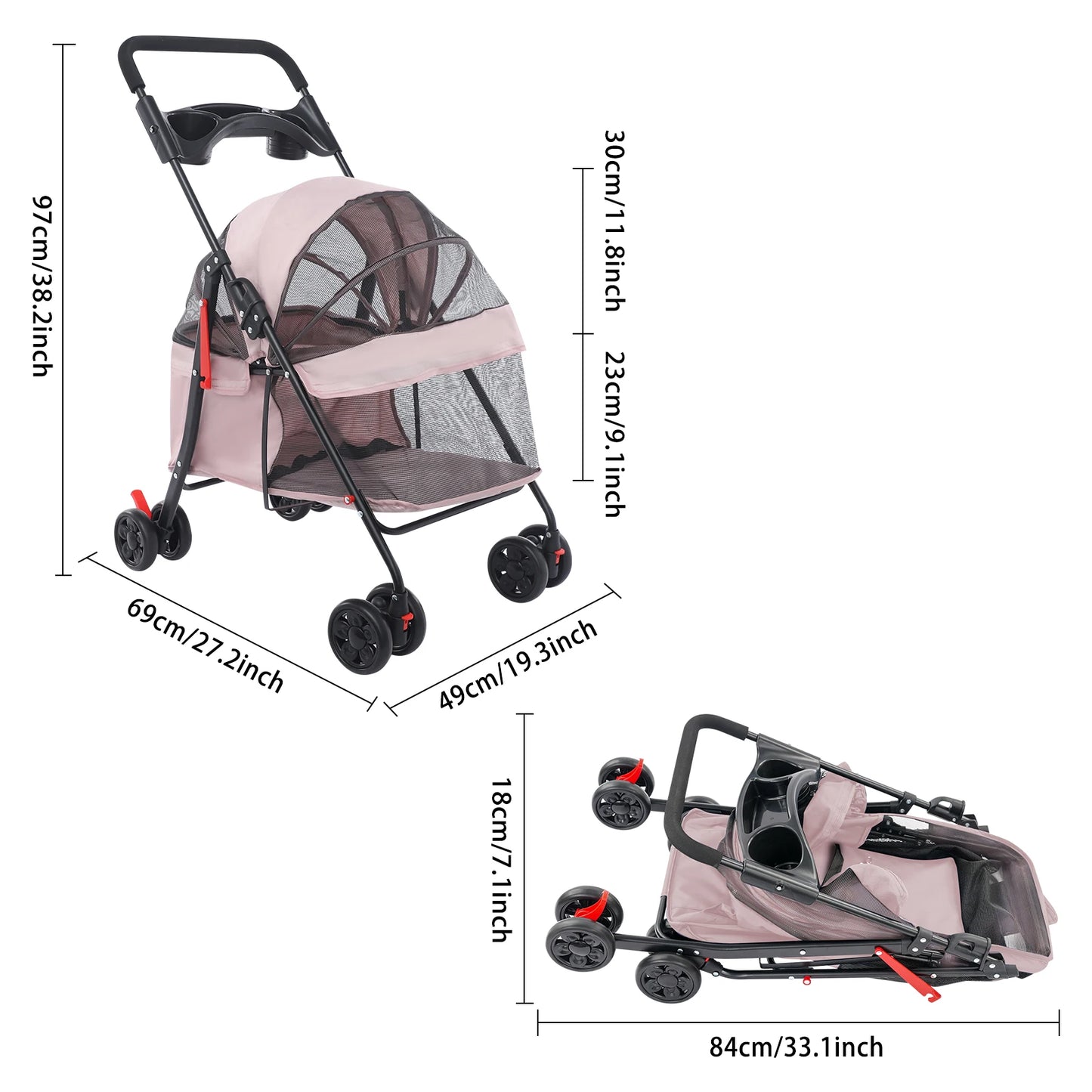 Foldable Pet Cart With 360 Degree Front Wheels and Brakes