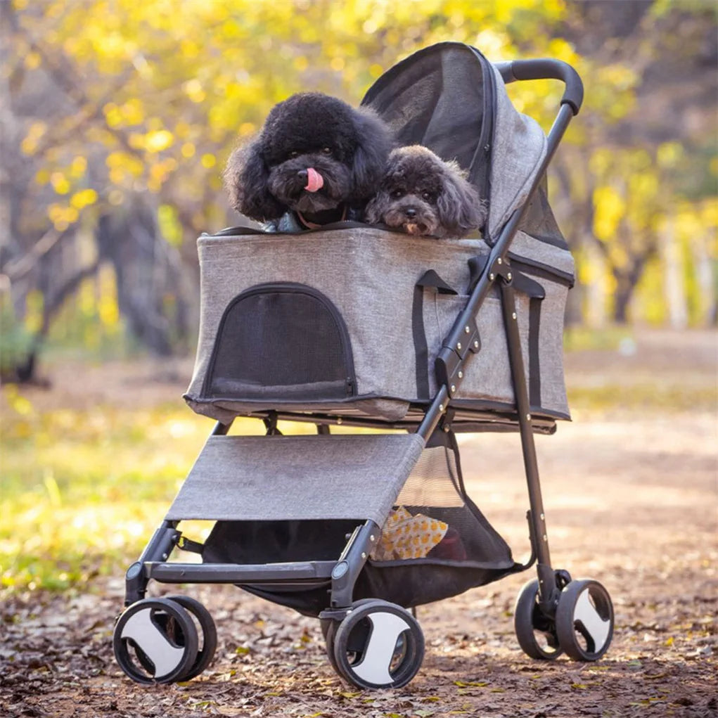 Foldable Pet Dog Stroller With Rain Cover And Storage Basket