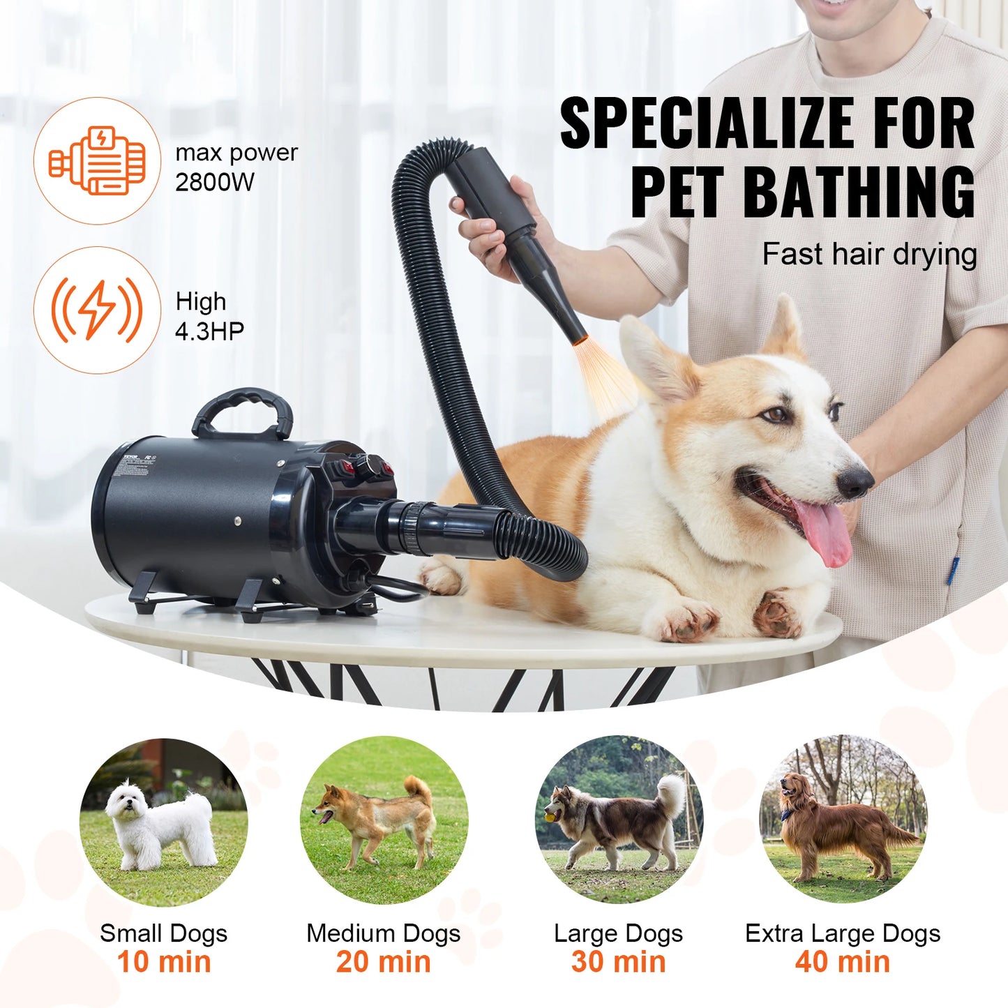SucceBuy 2000W Dog Blow Dryer With Adjustable Speed Temperature And Nozzles