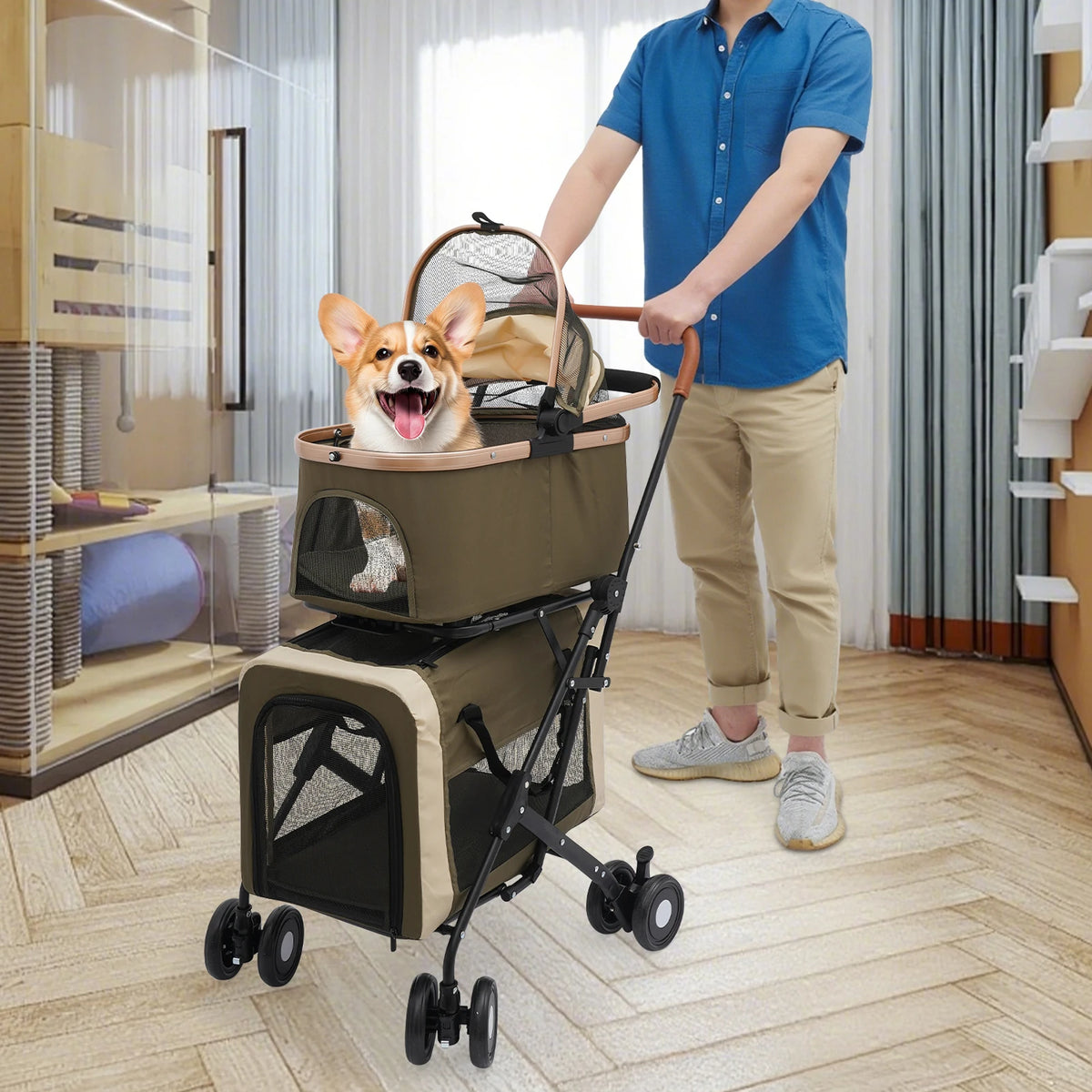 Bymaocar Foldable Pet Stroller With Two Tier Design Safety Locks