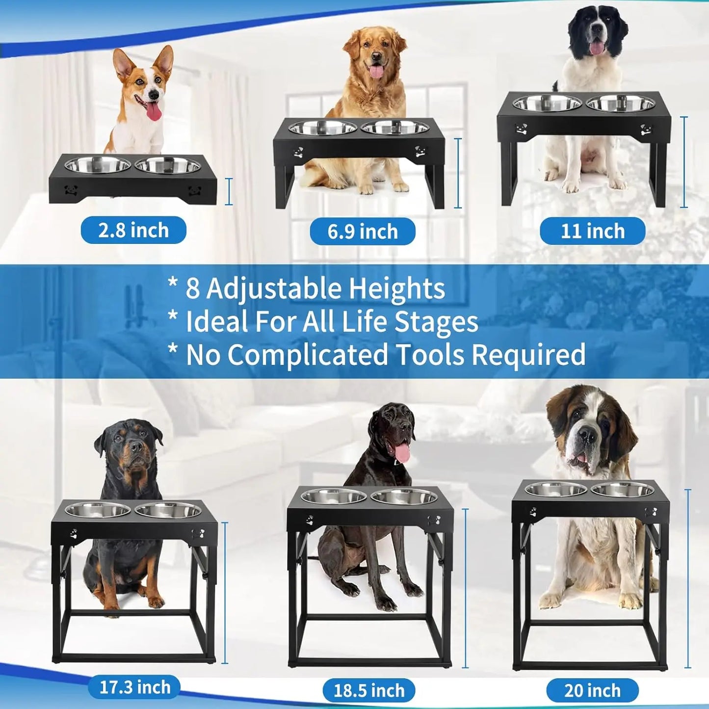 Adjustable Elevated Dog Bowls Stainless Steel Non Slip Feeder