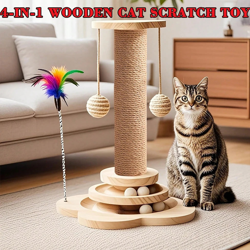Wooden Cat Scratcher With Ball Track Feather Toy Activity Center