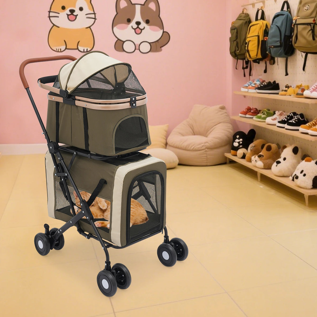 Bymaocar Foldable Pet Stroller With Two Tier Design Safety Locks