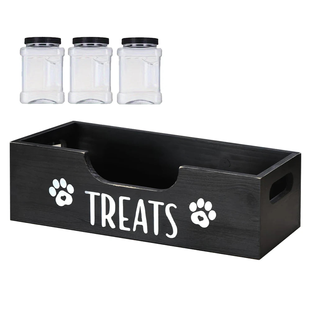 Wooden Dog Treat Container With 3 Plastic Jars Storage Organizer