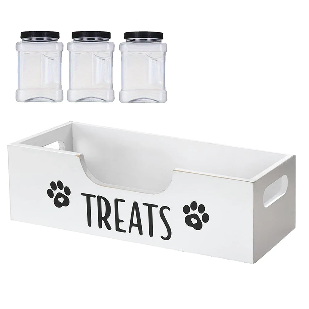Wooden Dog Treat Container With 3 Plastic Jars Storage Organizer