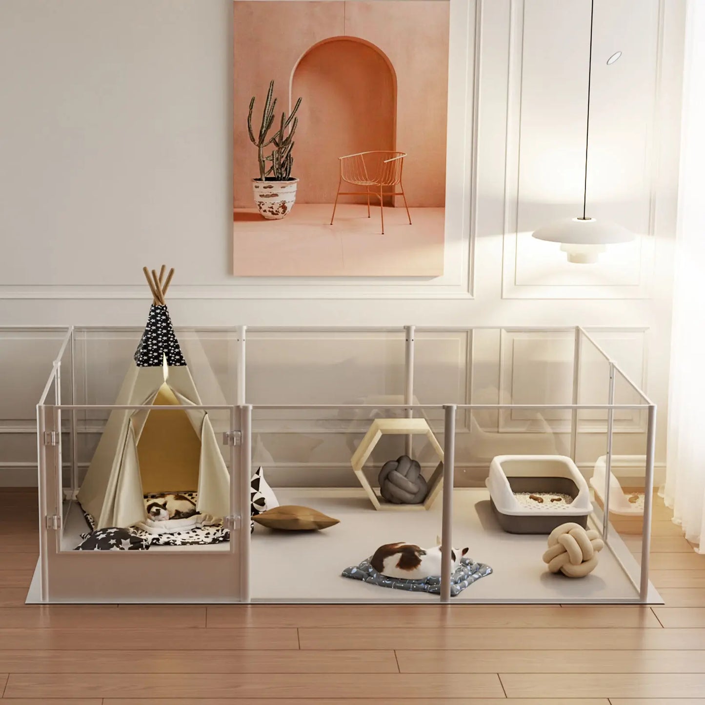 BINGOPAW Clear Acrylic Pet Playpen Whelping Pen Cage Waterproof Pad