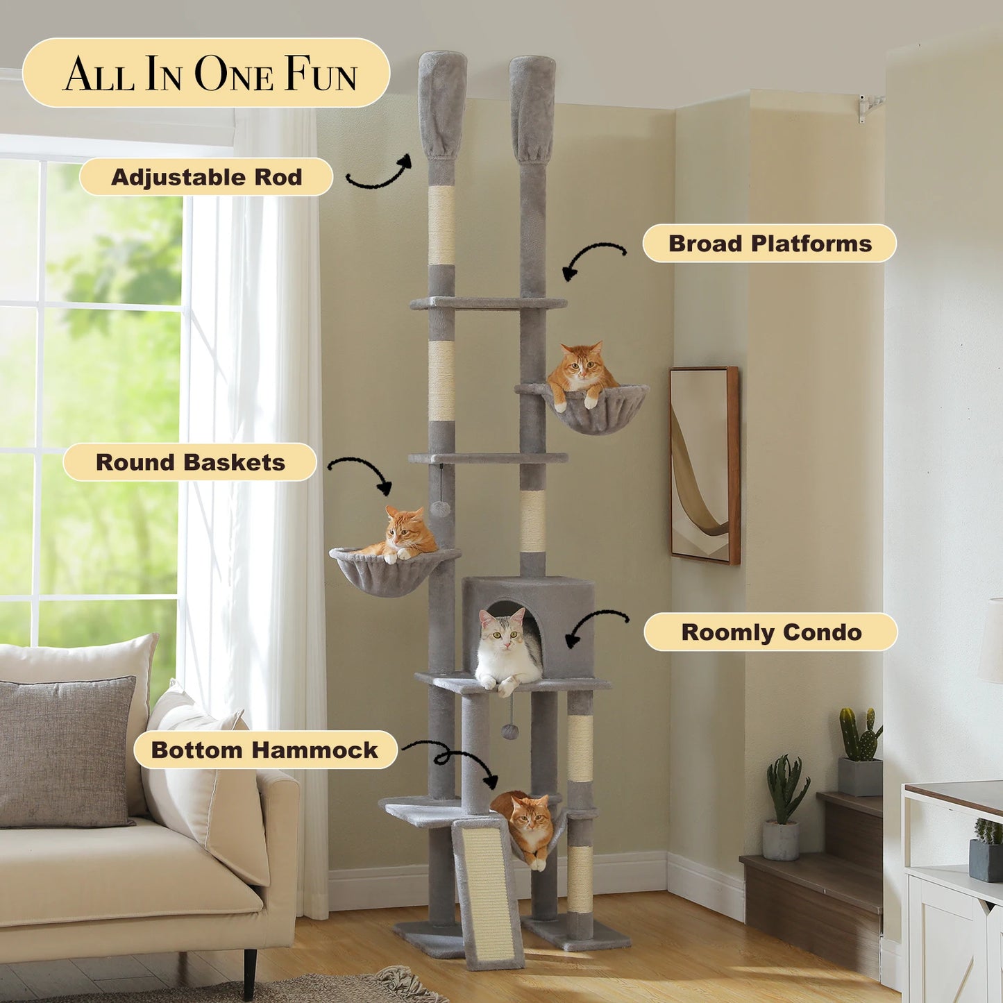 PAWZ Road Cactus Cat Tree Floor To Ceiling Cat Tower Five Tiers Scratching Posts