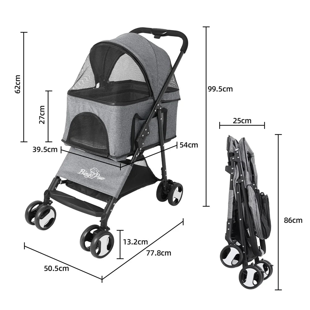 Foldable Pet Dog Stroller With Rain Cover And Storage Basket