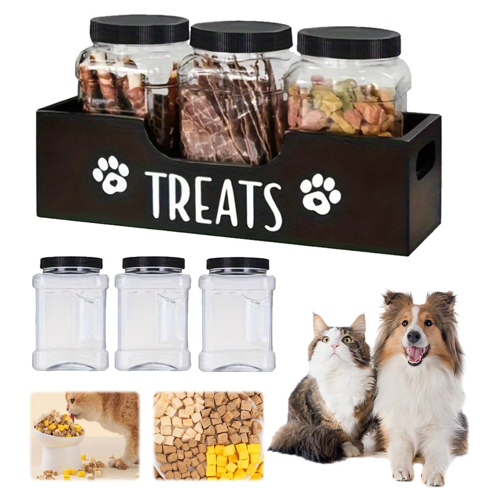 Wooden Dog Treat Container With 3 Plastic Jars Storage Organizer