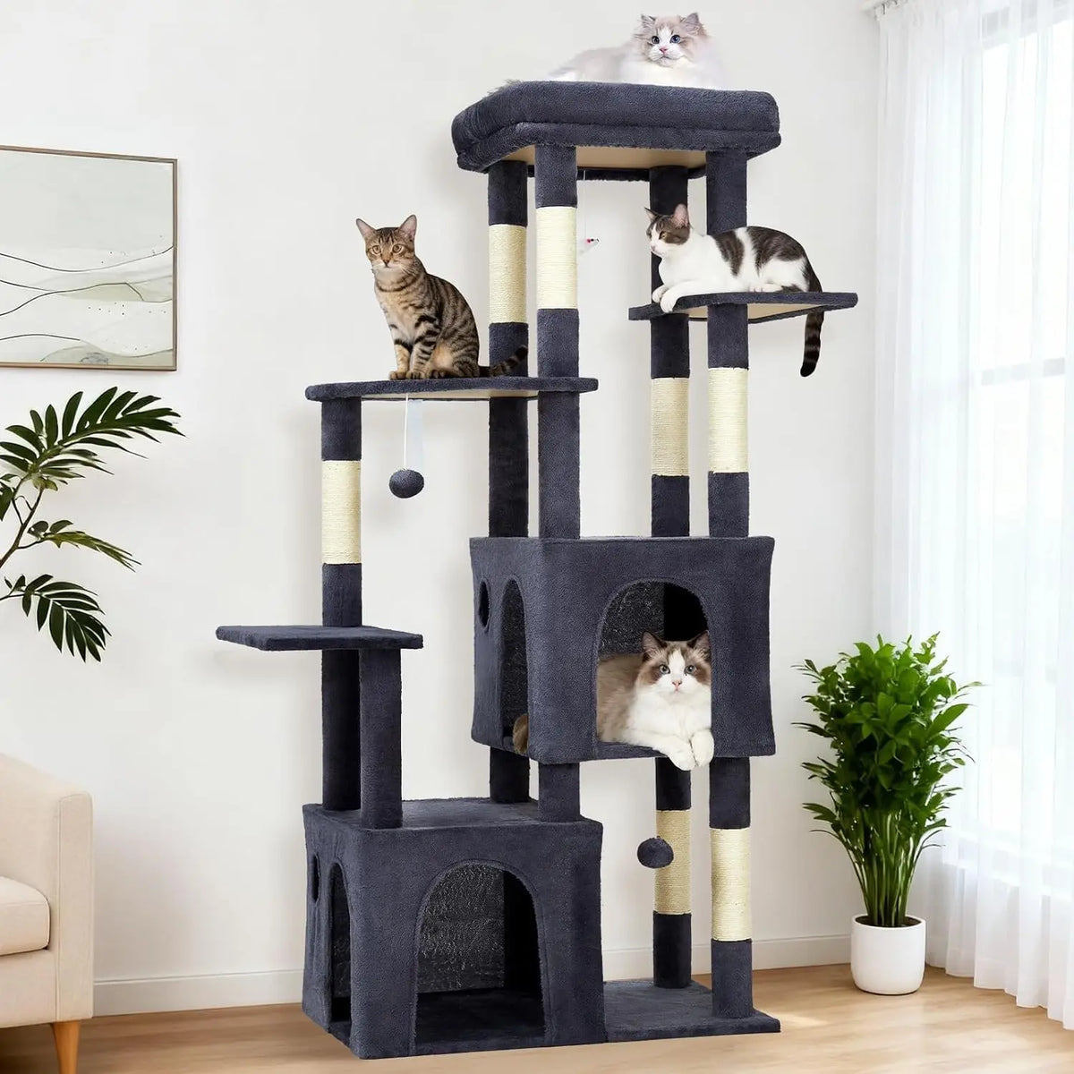 Multi Level Cat Tree Tower With Scratching Posts And Condos
