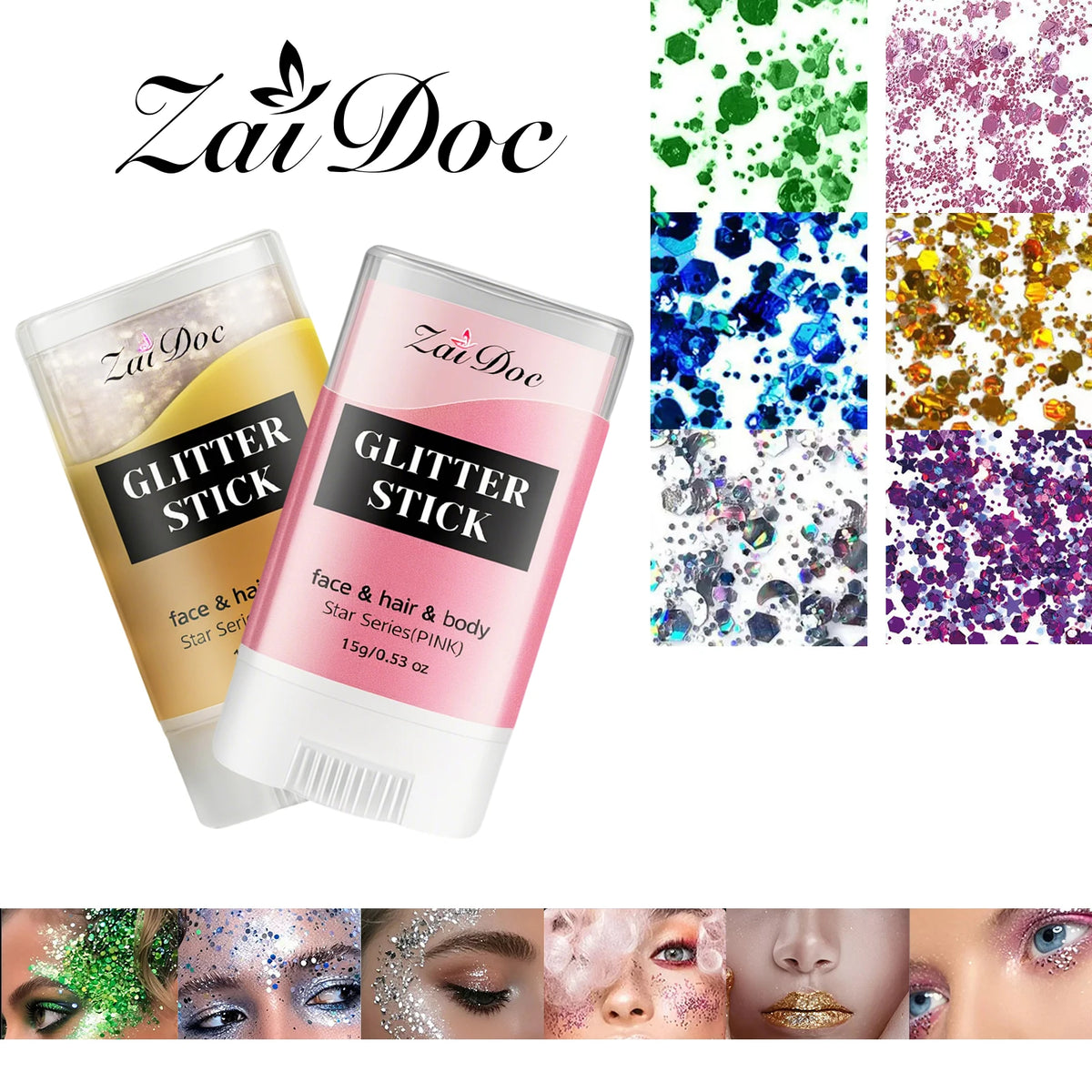 ZaiDoc 12pcs Glitter Stick 6 Colors 15g Each Shimmer Makeup for Face Hair Body Sparkling Cosmetic Glitter for Party Festival Rave SkinFriendly Easy to Use