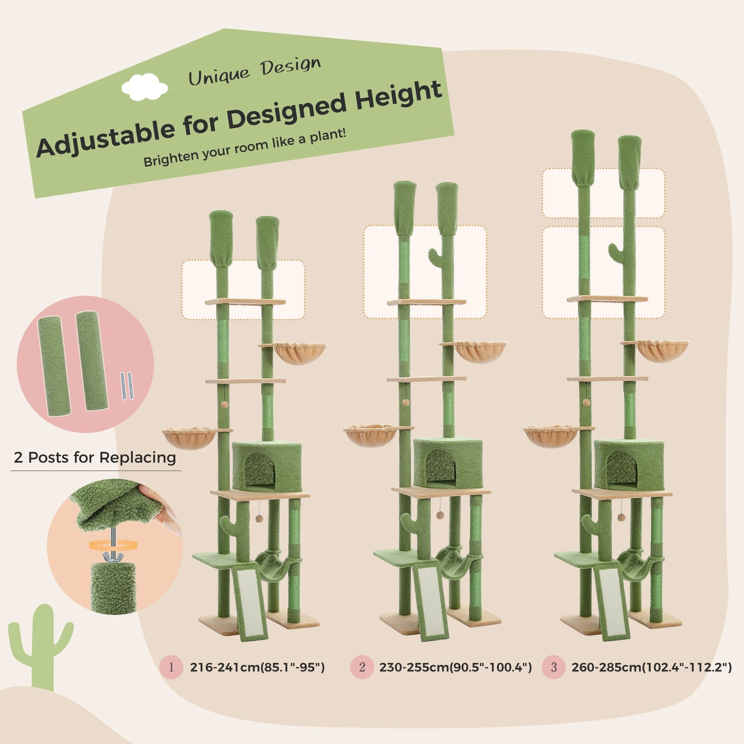 PAWZ Road Cactus Cat Tree Floor To Ceiling Cat Tower Five Tiers Scratching Posts