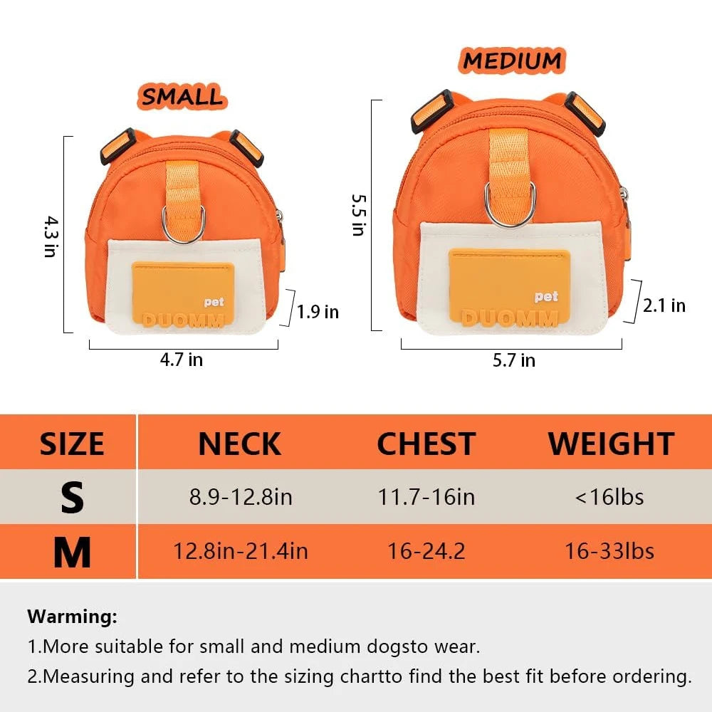 Cute Adjustable Pet Backpack With Harness Leash And Treat Pouch