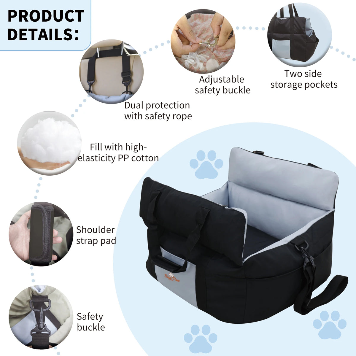 BORWART Portable Dog Car Seat Booster Bed With Safety Belt