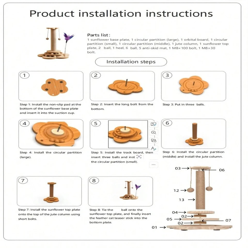Wooden Cat Scratcher With Ball Track Feather Toy Activity Center