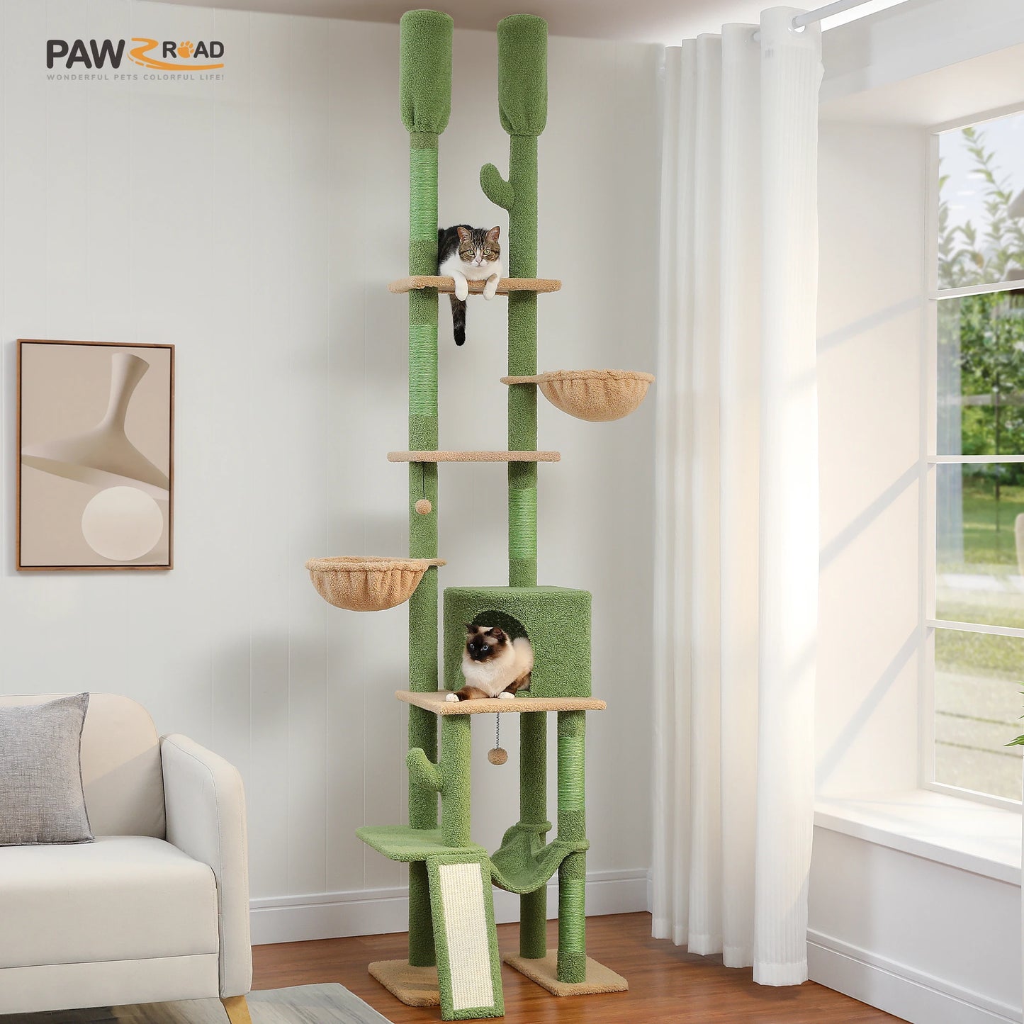 PAWZ Road Cactus Cat Tree Floor To Ceiling Cat Tower Five Tiers Scratching Posts