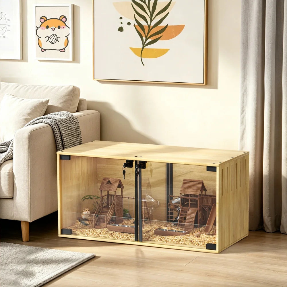 Wooden Hamster Cage Chew Proof Small Animal Habitat With Doors