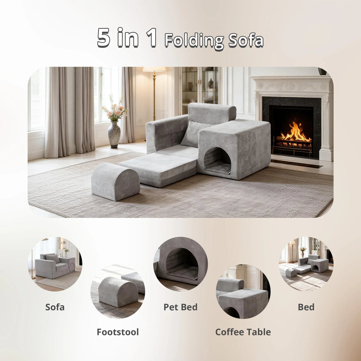 5-In-1 No Assembly Sofa Bed With Ottoman Pet Friendly