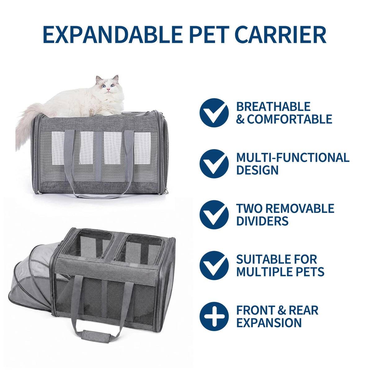 Expandable Soft-Sided Cat Carrier With Dual Expandable Compartments