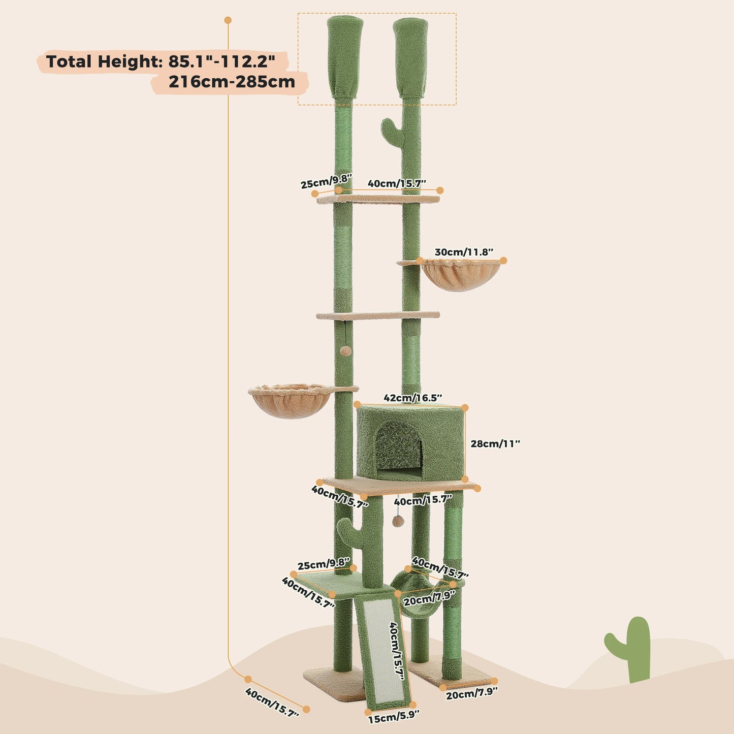 PAWZ Road Cactus Cat Tree Floor To Ceiling Cat Tower Five Tiers Scratching Posts