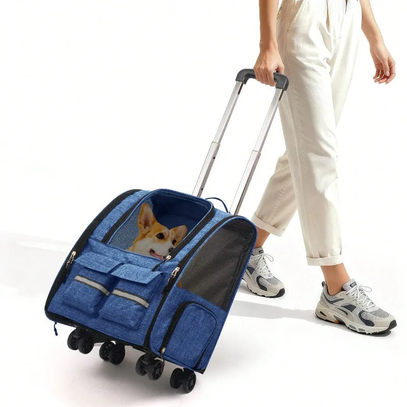 Rolling Pet Carrier With Telescopic Handle And Shoulder Strap