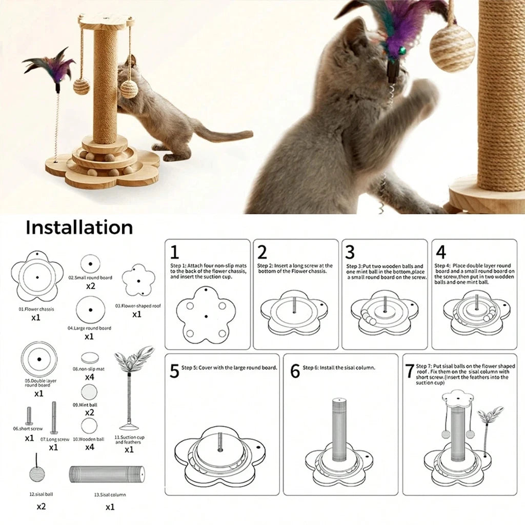 Wooden Cat Scratcher With Ball Track Feather Toy Activity Center