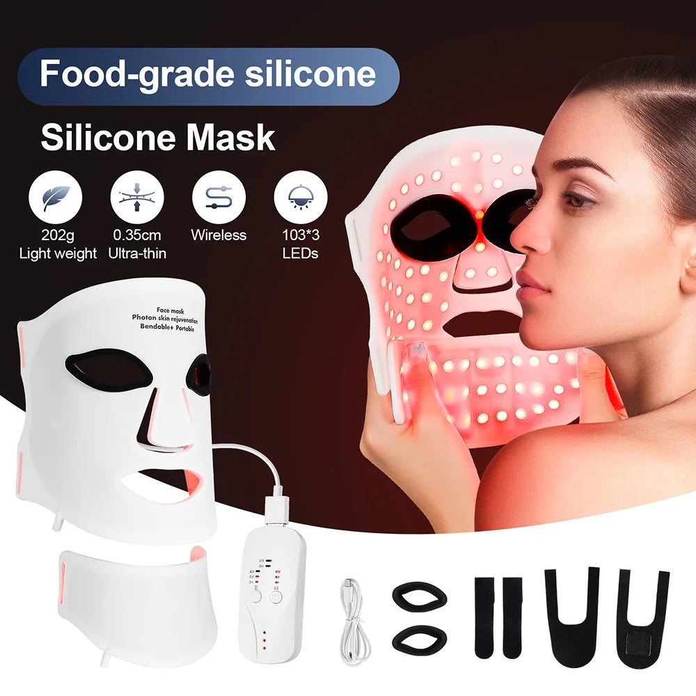 Silicone LED Face Neck Mask 7 Colors Red Light Infrared Photon Therapy Mask Flexible Wireless LED Beauty Mask for Skin Repair Rejuvenation Home Skin care
