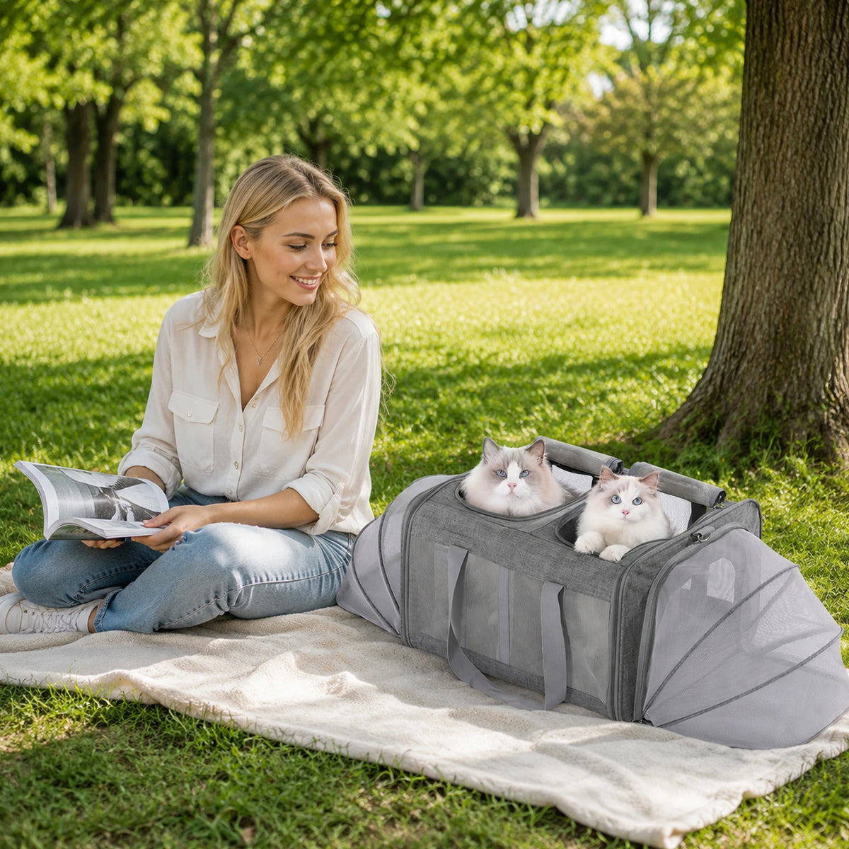 Expandable Soft-Sided Cat Carrier With Dual Expandable Compartments