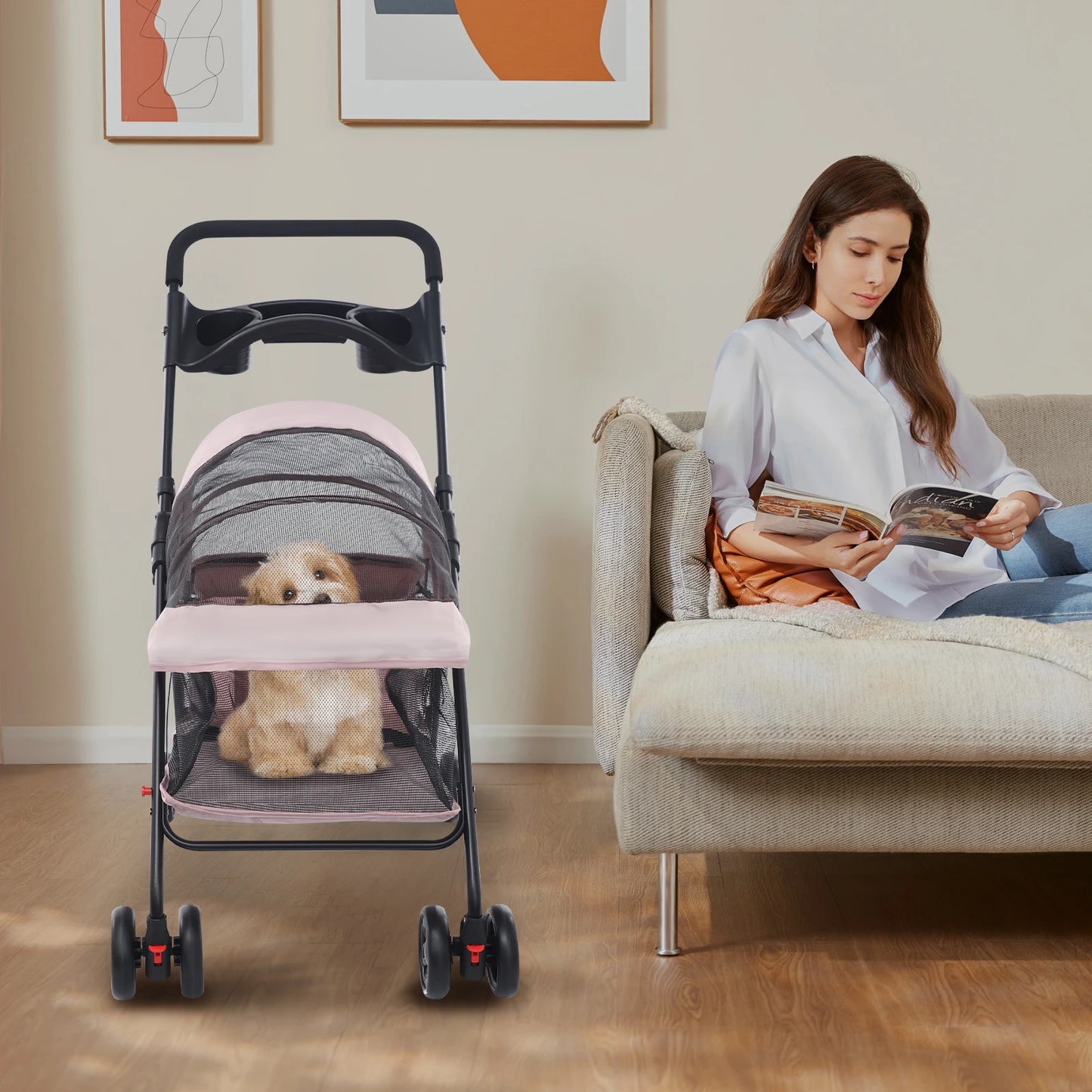 Foldable Pet Cart With 360 Degree Front Wheels and Brakes