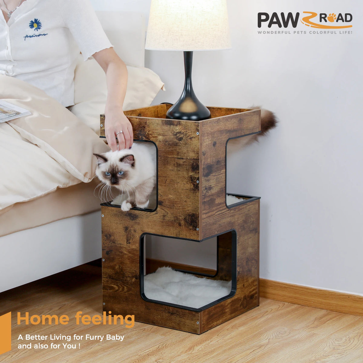 PAWZ Road Wooden Cat Condo House Bed With Scratching Pad