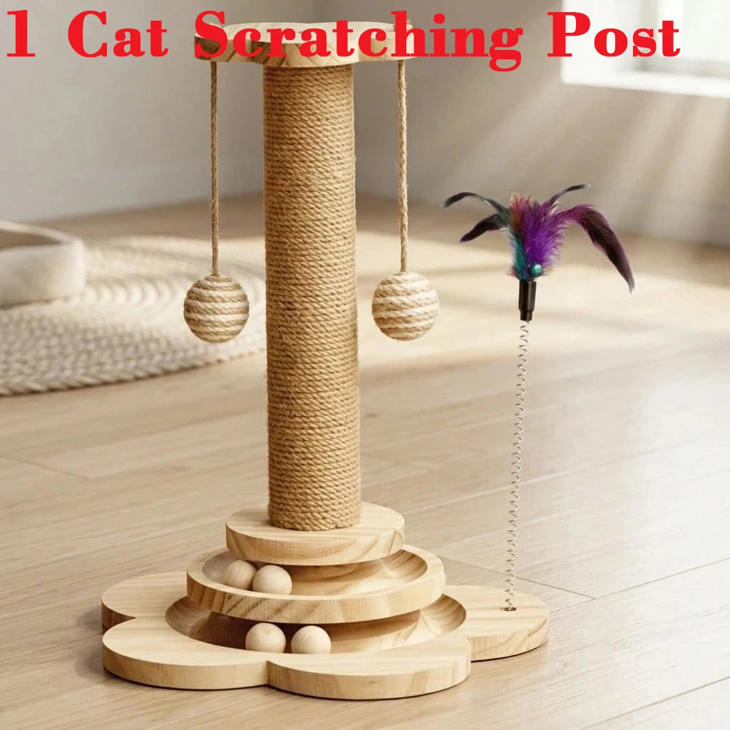 Wooden Cat Scratcher With Ball Track Feather Toy Activity Center