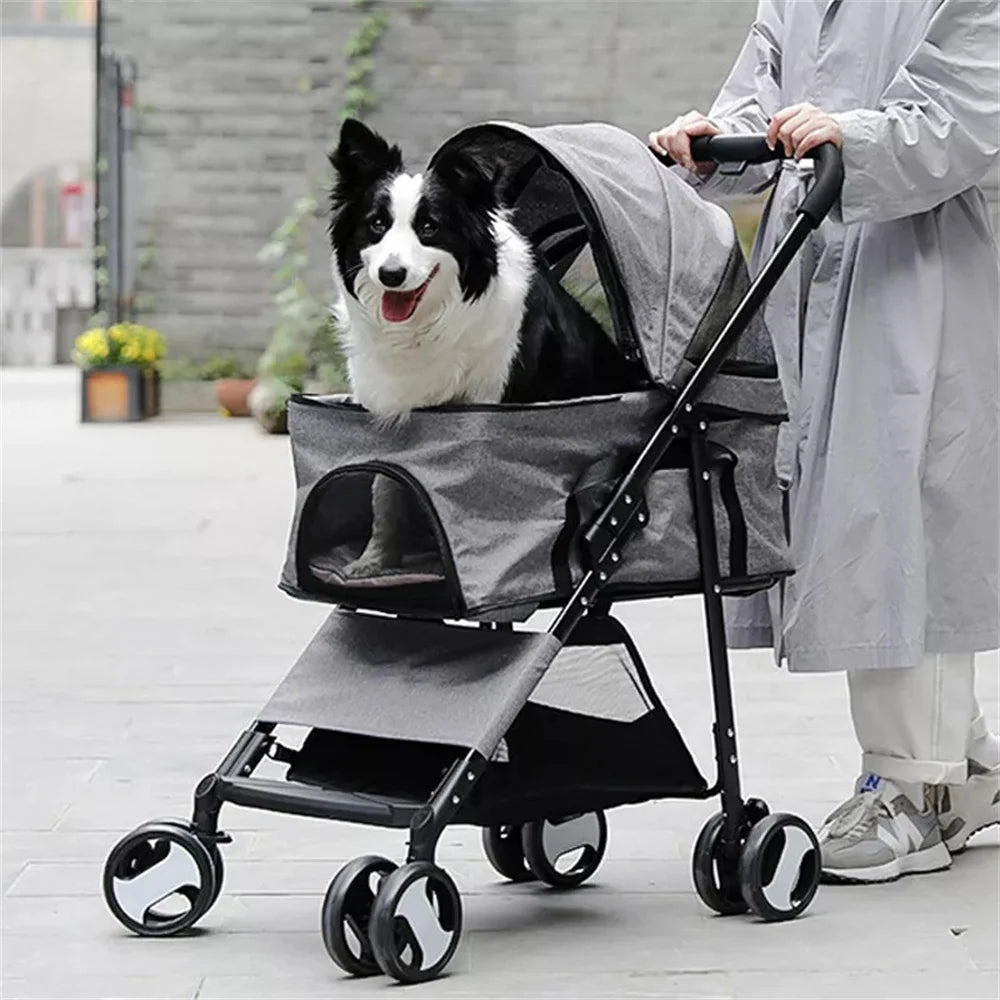 Foldable Pet Dog Stroller With Rain Cover And Storage Basket