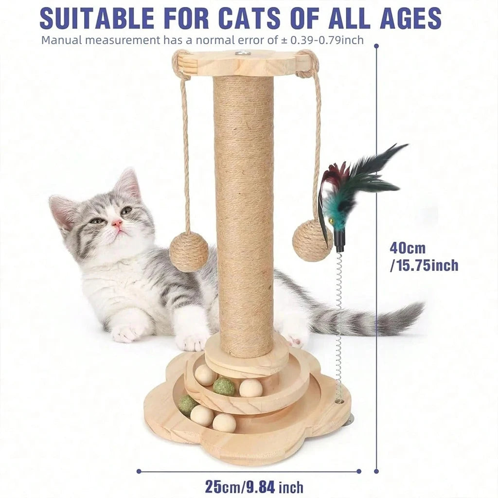 Wooden Cat Scratcher With Ball Track Feather Toy Activity Center
