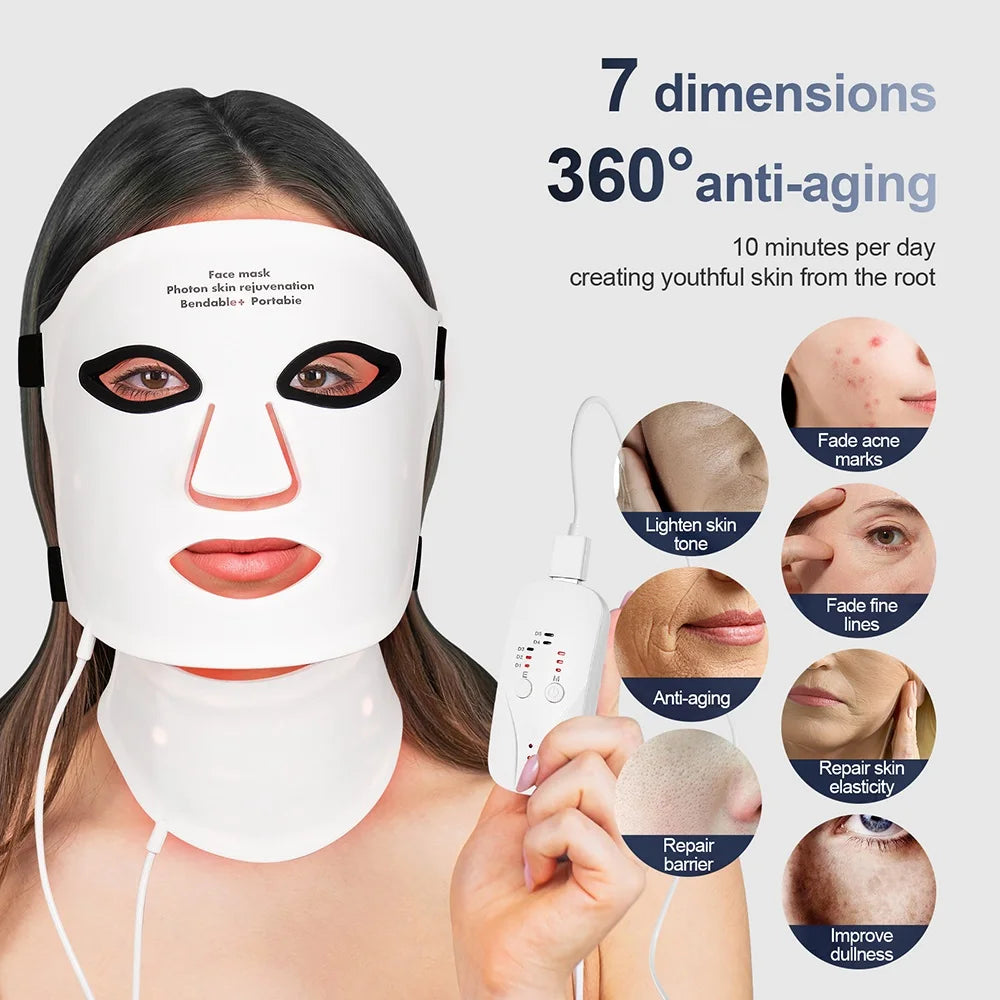 Silicone LED Face Neck Mask 7 Colors Red Light Infrared Photon Therapy Mask Flexible Wireless LED Beauty Mask for Skin Repair Rejuvenation Home Skin care