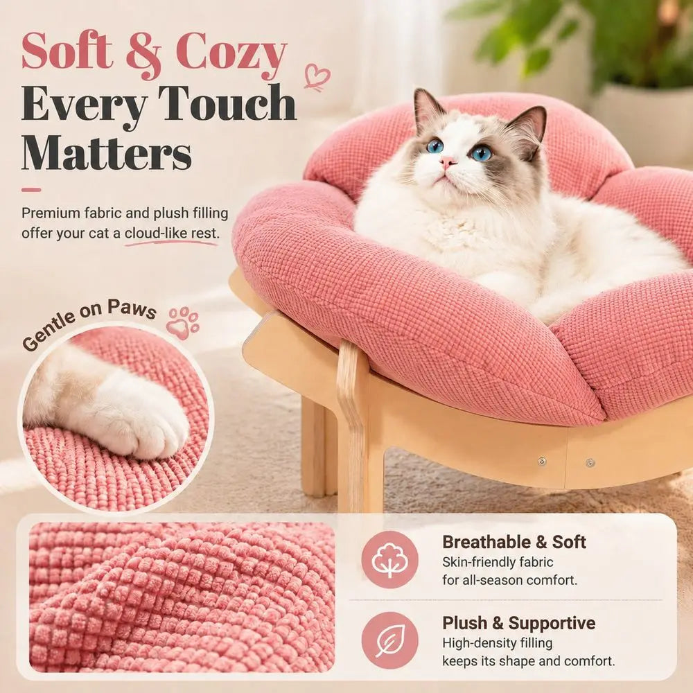 Elevated Cat Bed Flower Petal Sofa With Premium Cushion Wood Frame