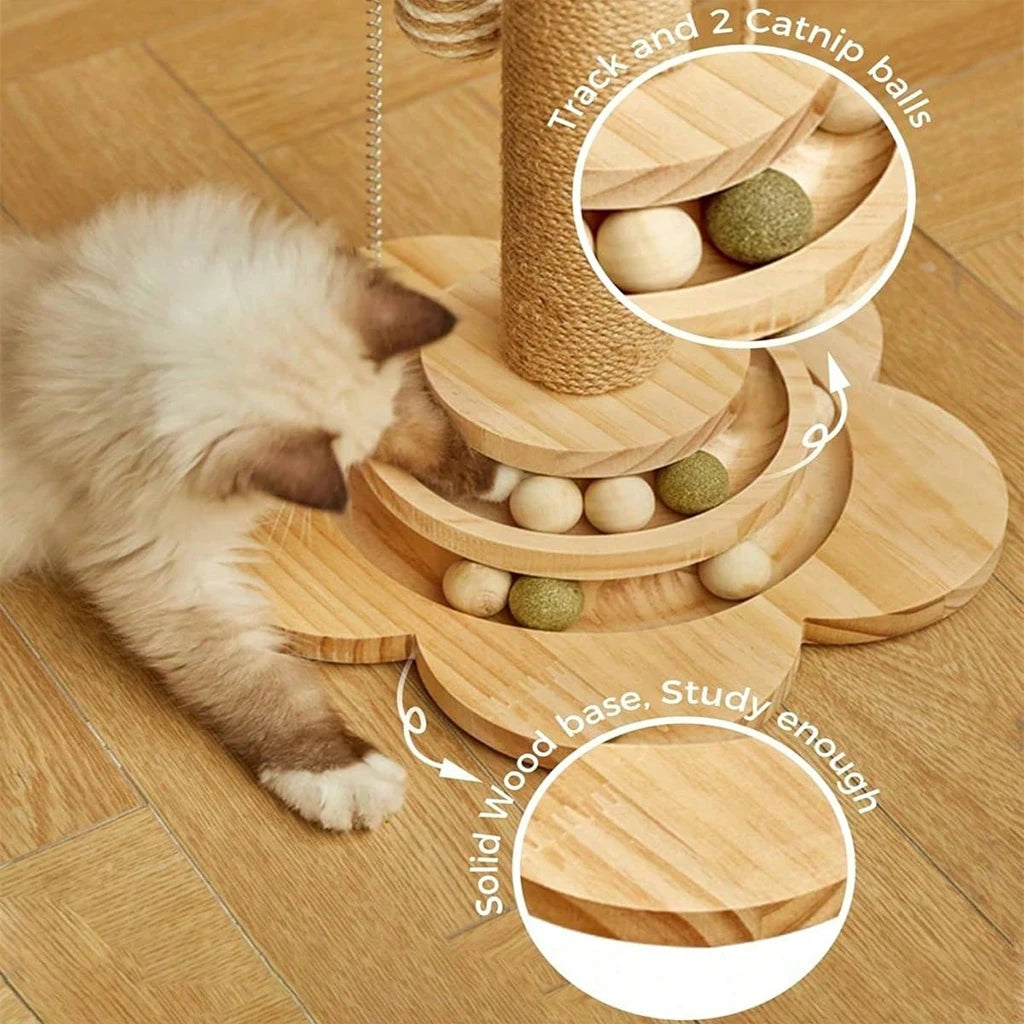 Wooden Cat Scratcher With Ball Track Feather Toy Activity Center