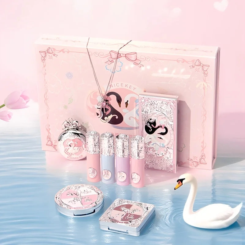 Swan Ballet 9‑Piece Makeup Gift Set for Women & Beginner Students, All‑in‑One Cosmetic Kit: Eyeshadow, Pressed Powder, Lipstick, Blush. Perfect Gift for Birthday, Valentine’s Day, Halloween, Exquisite Party Present
