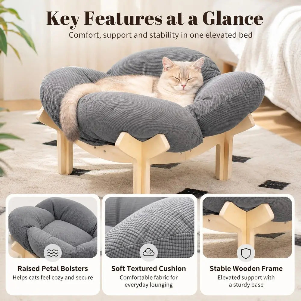 Elevated Cat Bed Flower Petal Sofa With Premium Cushion Wood Frame