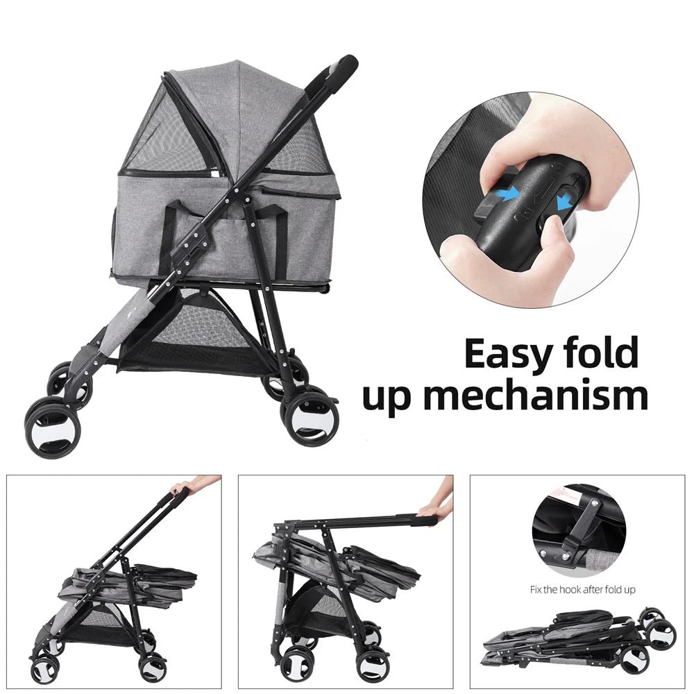 Foldable Pet Dog Stroller With Rain Cover And Storage Basket