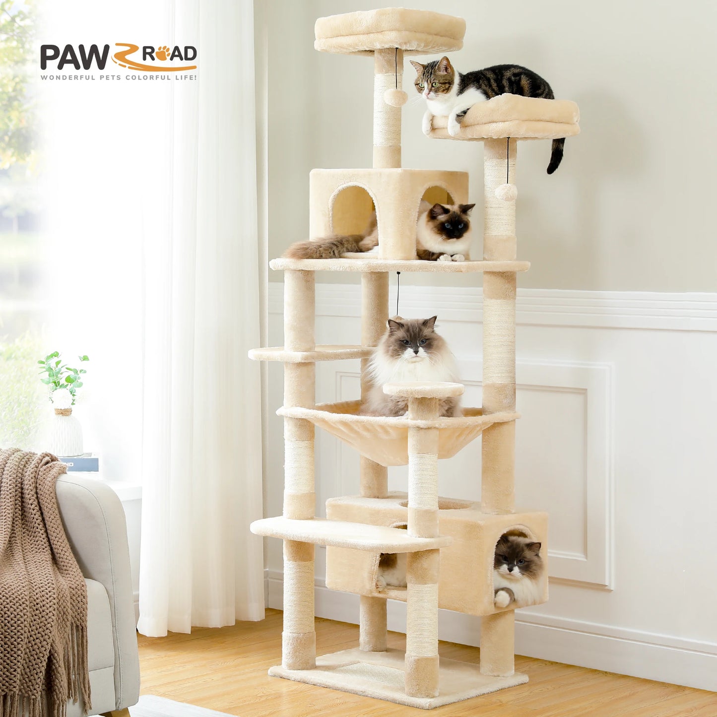 PEQULTI CN Multi Level Cat Tree Tower With Scratching Posts Cat Condo And Hammock